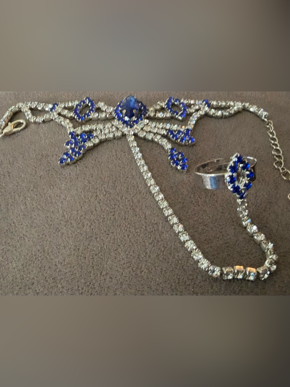 Blue Crystal Rhinestone Bracelet with Chain Ring